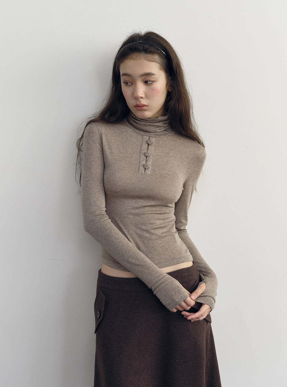 Camel Button Turtleneck Top