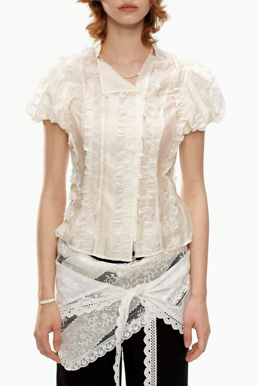 Beige Jacquard Puff Sleeve Blouse