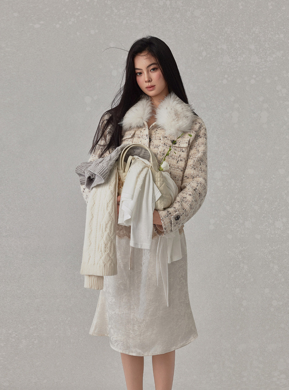 Classic Tweed Fur Collar Jacket