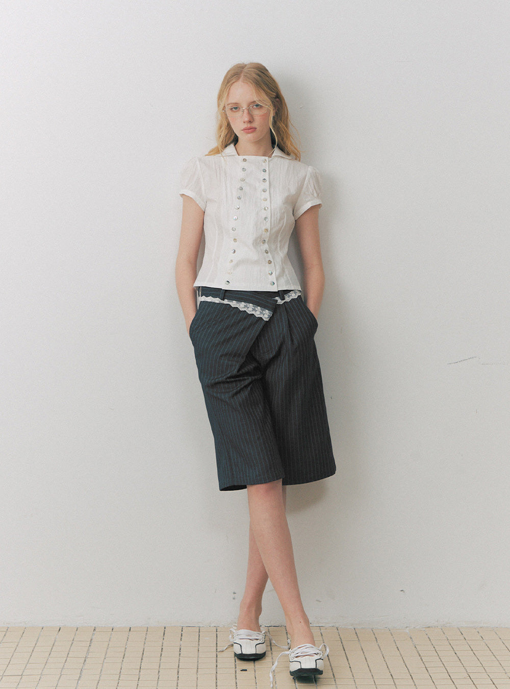 Lace Trim Pinstripe Tailored Shorts