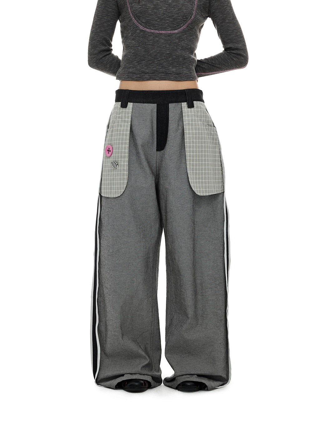 Check Patchwork Plaid Button Back Pants