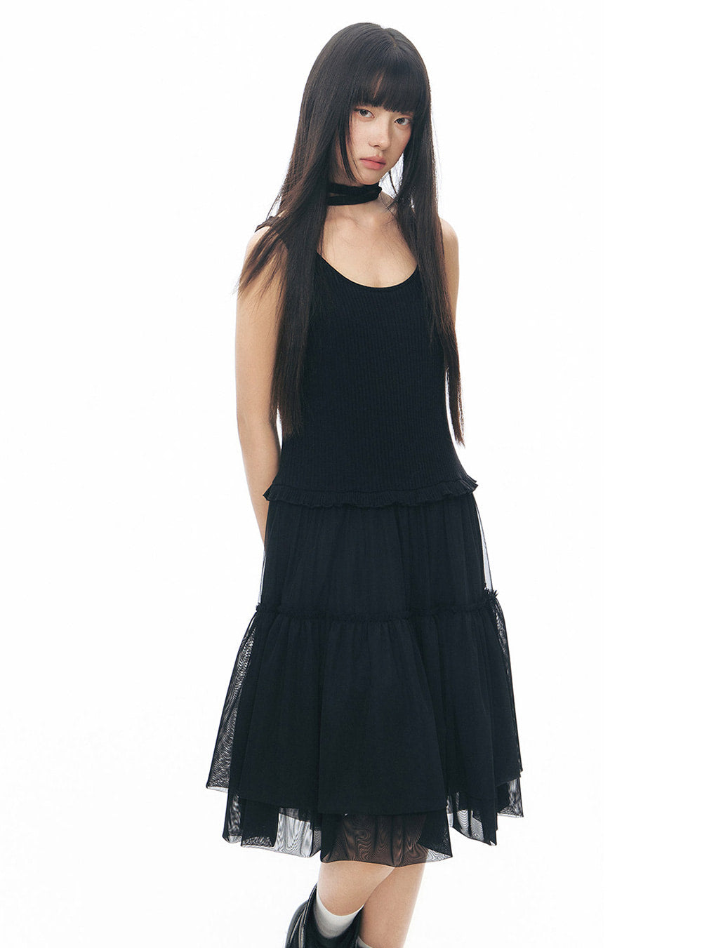 Ribbed Layered Tulle Dress (2color)