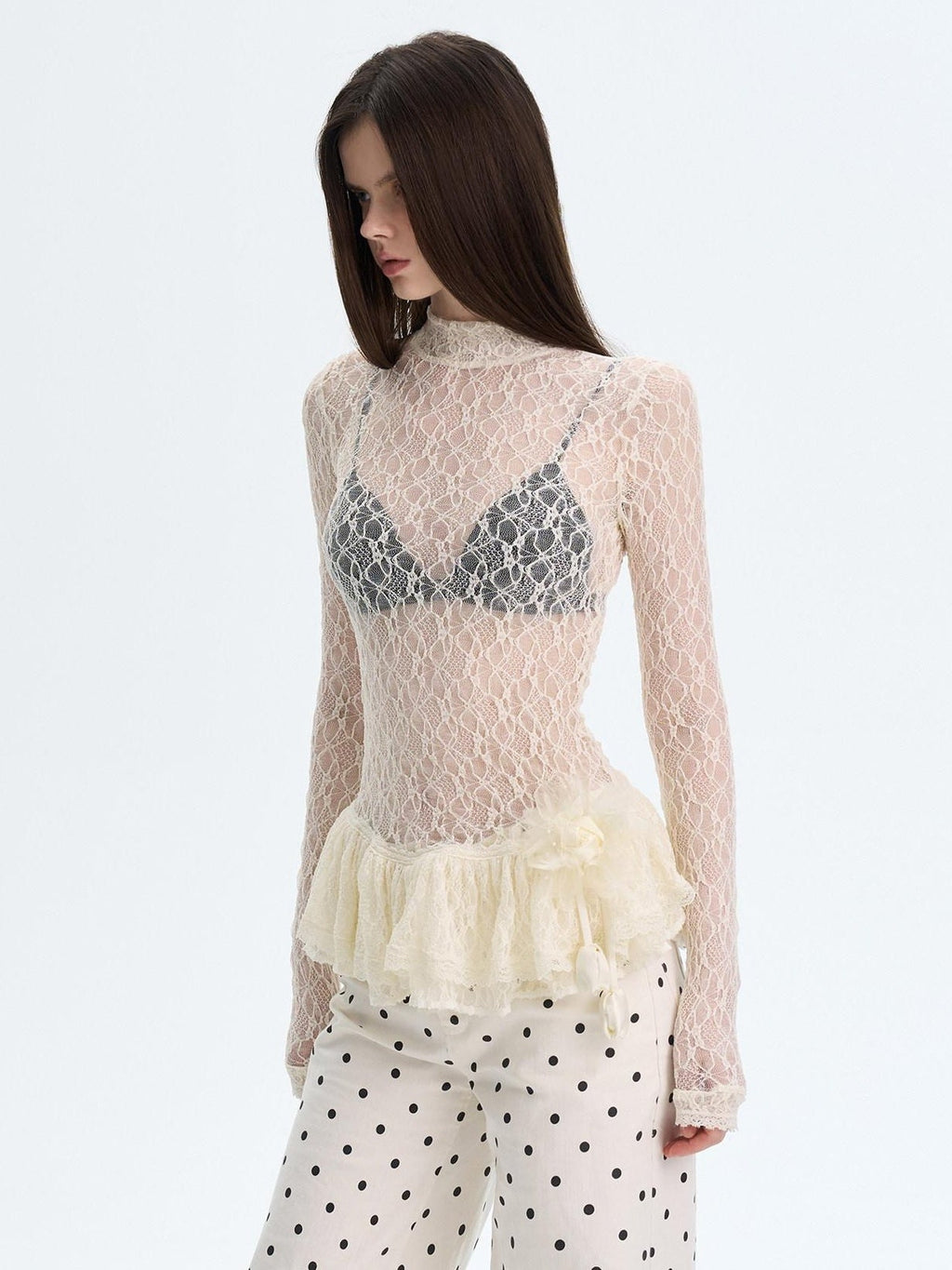 High Stretch Nylon Lace Vintage Slim Layered For Women Long Sleeve Crop Tops