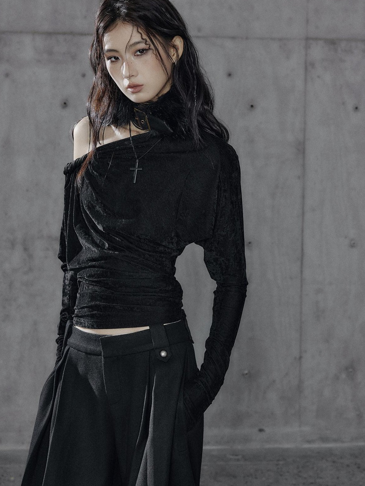 Vintage Waist Long Sleeve Slant Neck Black Knit Women Off Shoulder Crop Tops