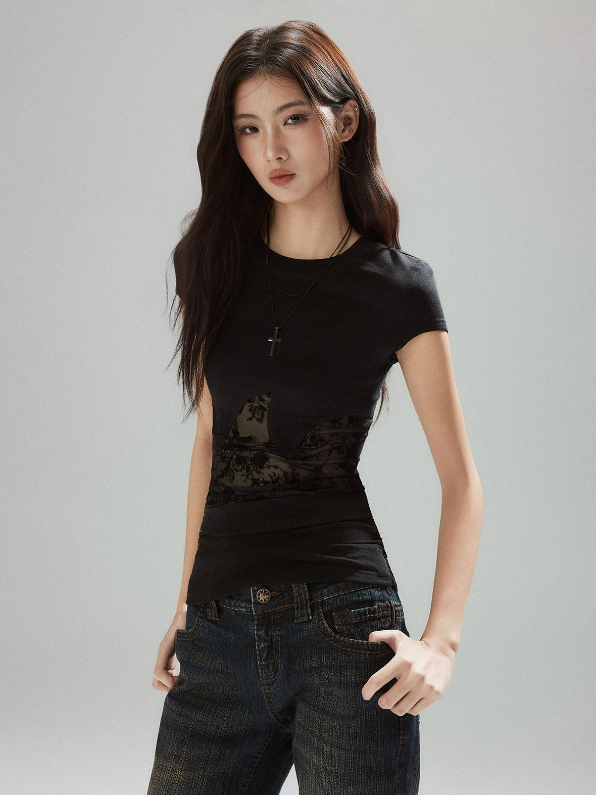Lyocell Slim Street Patchwork For Women Round Neck Short Sleeve T-Shirts