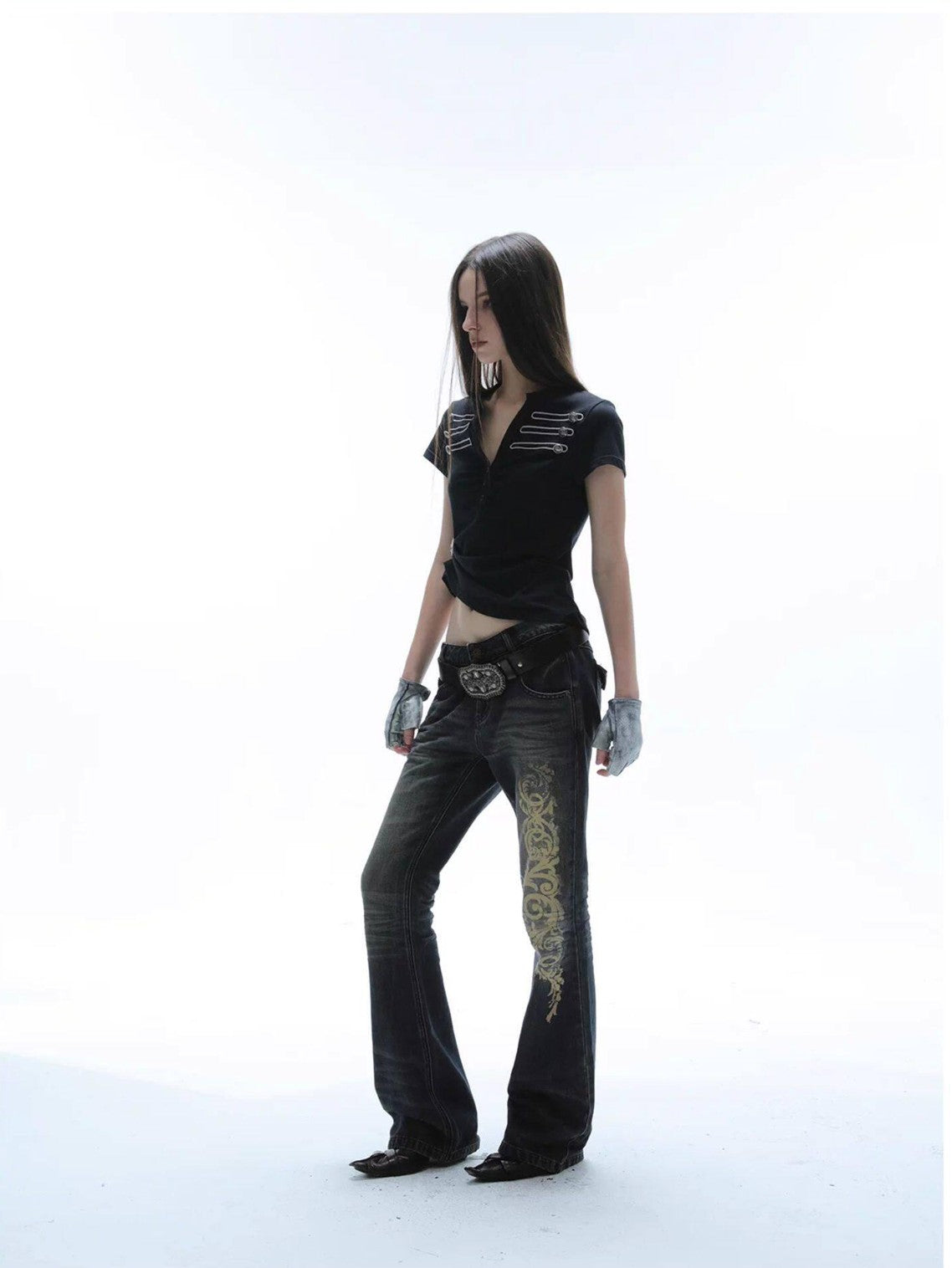 Baroque Print Distressed Micro Flare Women'S Cotton Low-Rise Jeans