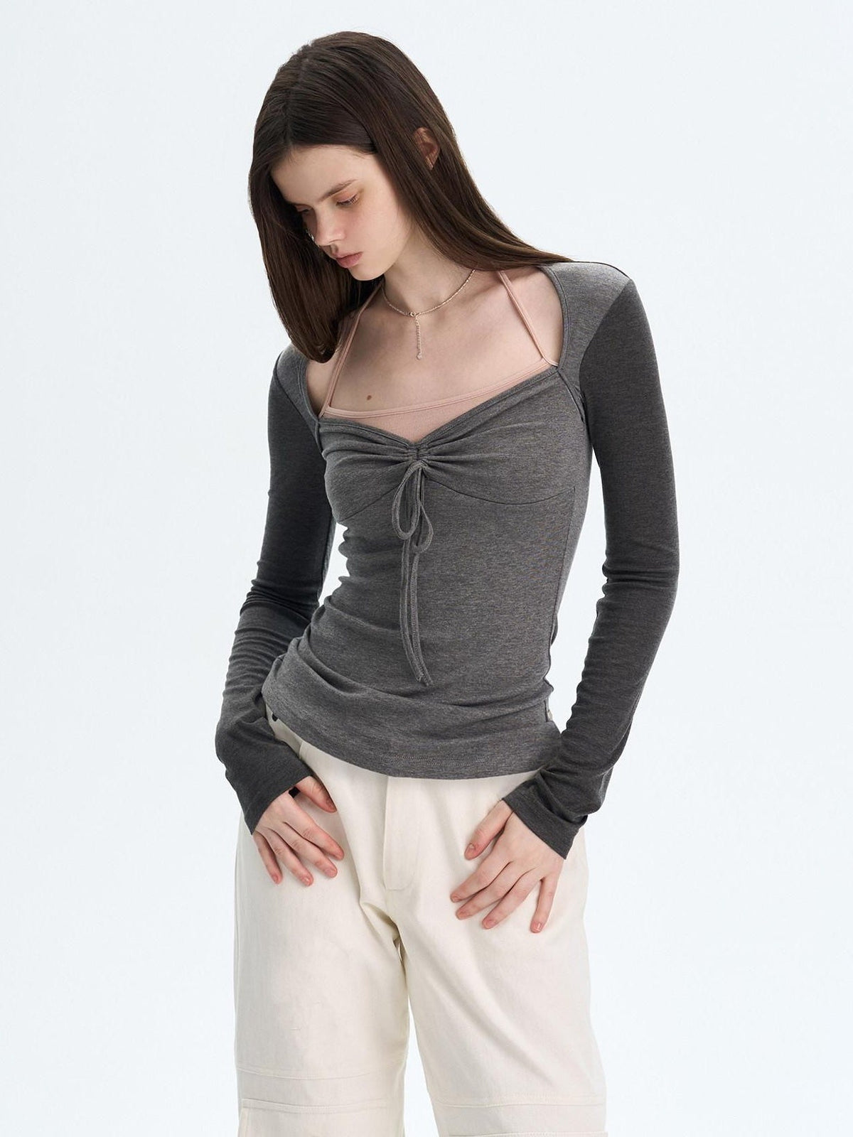 Soft Cotton Blend Printed Square Neck Fitted Women Long Sleeve Crop Tops