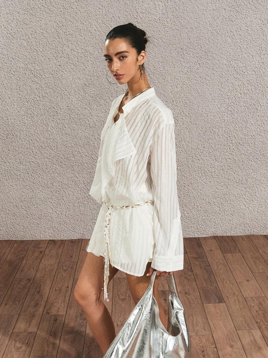 Breathable French Slim Button Stripe Open Cardigan Waist Tie Women Shirts