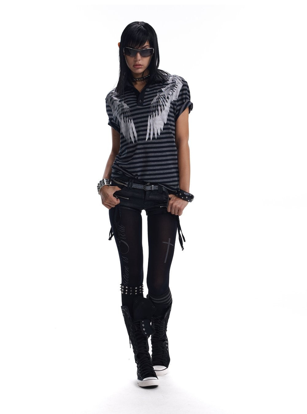 Silver Wing Stripe Polo Top
