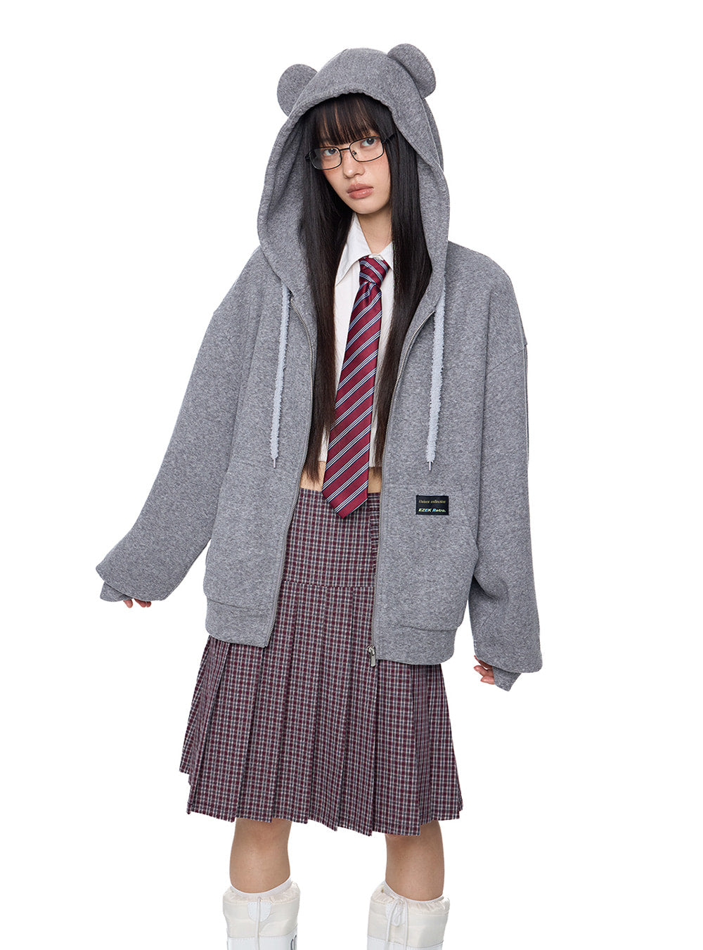 Cute Bear Ear Drawstring Hooded Zip-Up (2color)