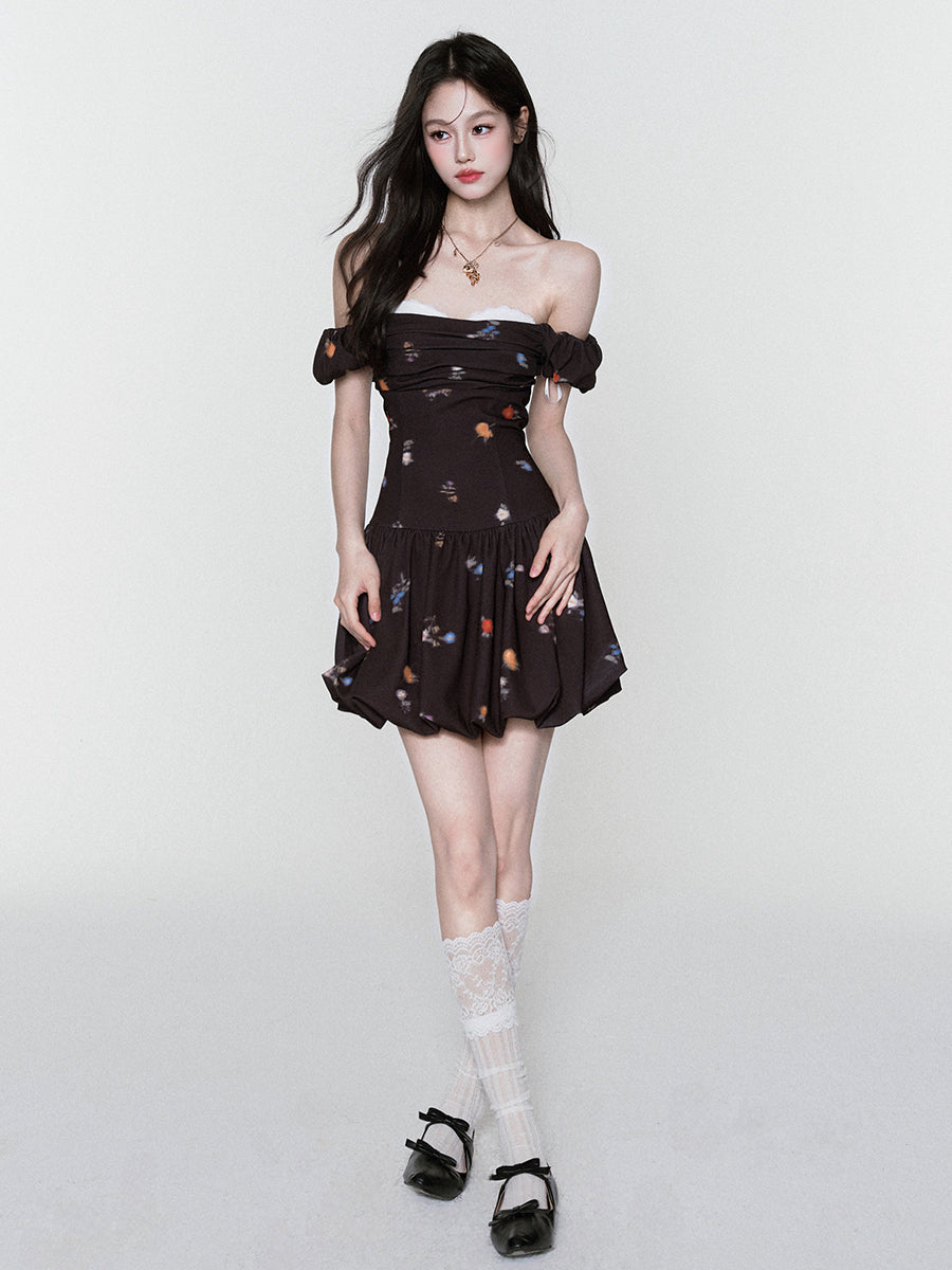 Floral Bubble-Hem Off-Shoulder Dress