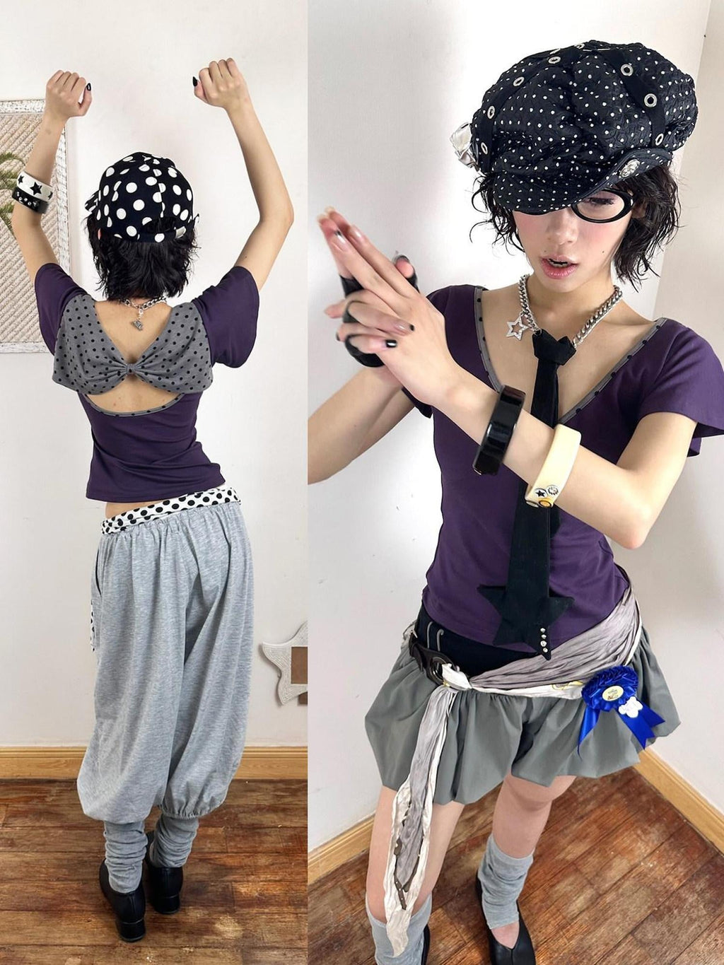 Bow Detail Slim V-neck Cotton Polka Dot Commuter Women Basic Crop Tops