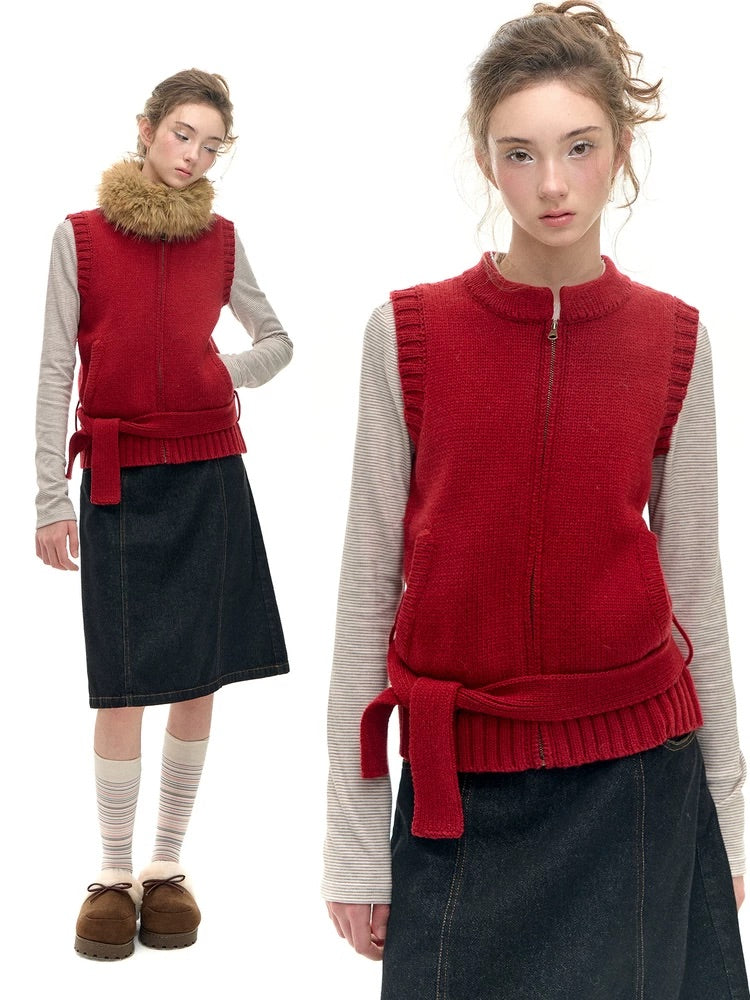 Romance Nanci Detachable Fur Collar Red Knit Layered Vest