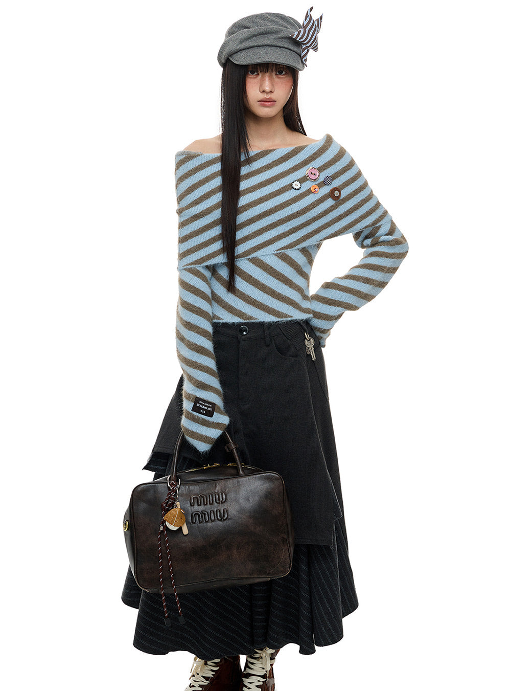 Blue Brown Stripe Off-Shoulder Knit Top