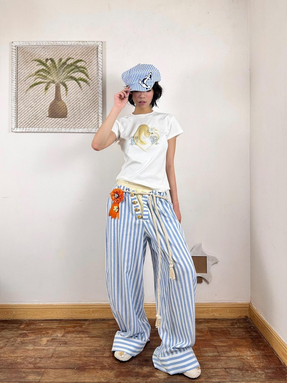 Comfort Commuter Striped Pocket Natural Waist Cotton Blend Girls Wide Leg Pants