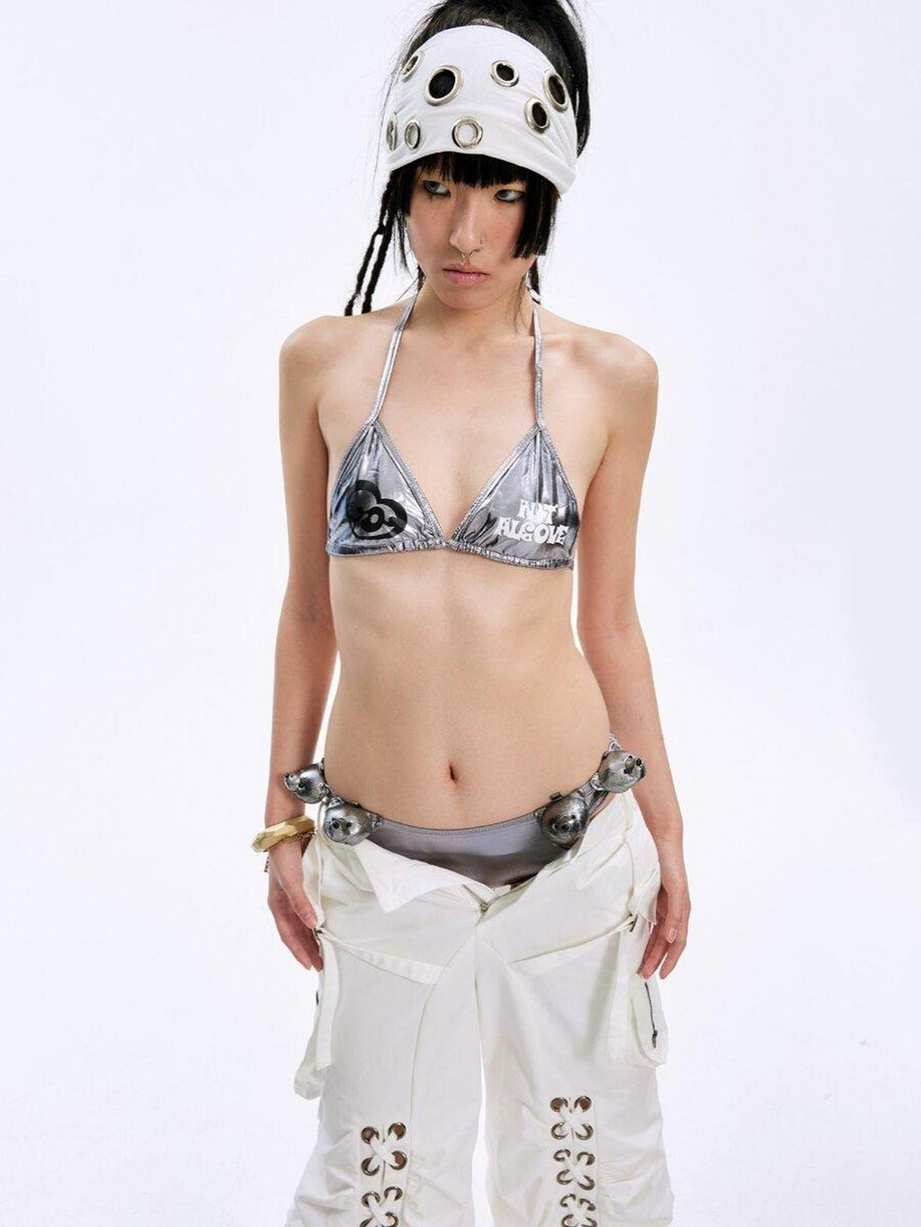 Original Design Halter Short Top Heart Print Silver Gray Bikini