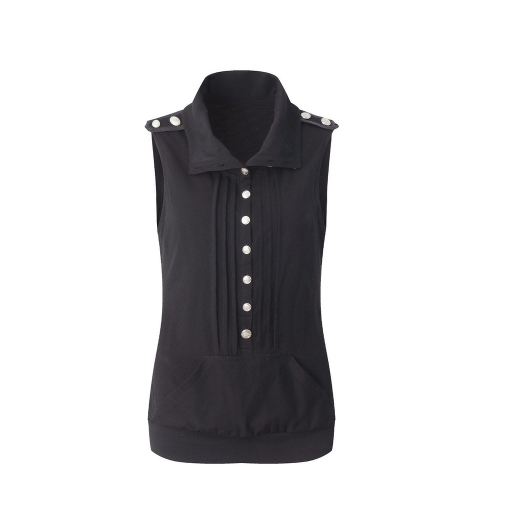 Metal Button Epaulet Convertible Half High Neck Women'S Cotton Blend Tank Tops