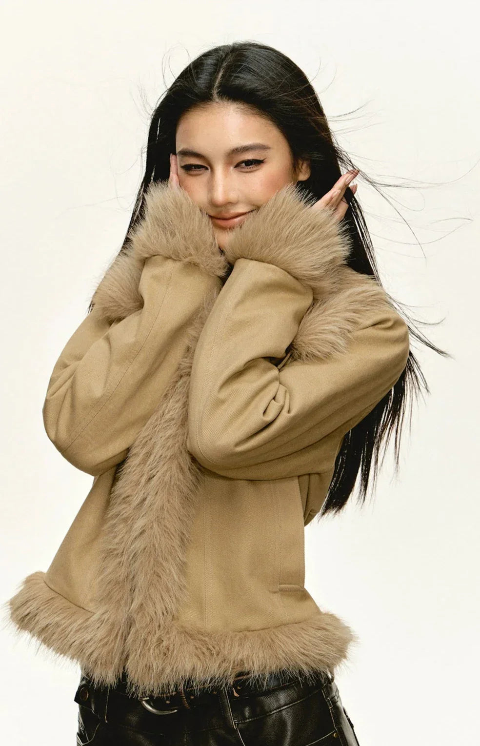 Khaki Faux-Fur Trim Cropped Jacket