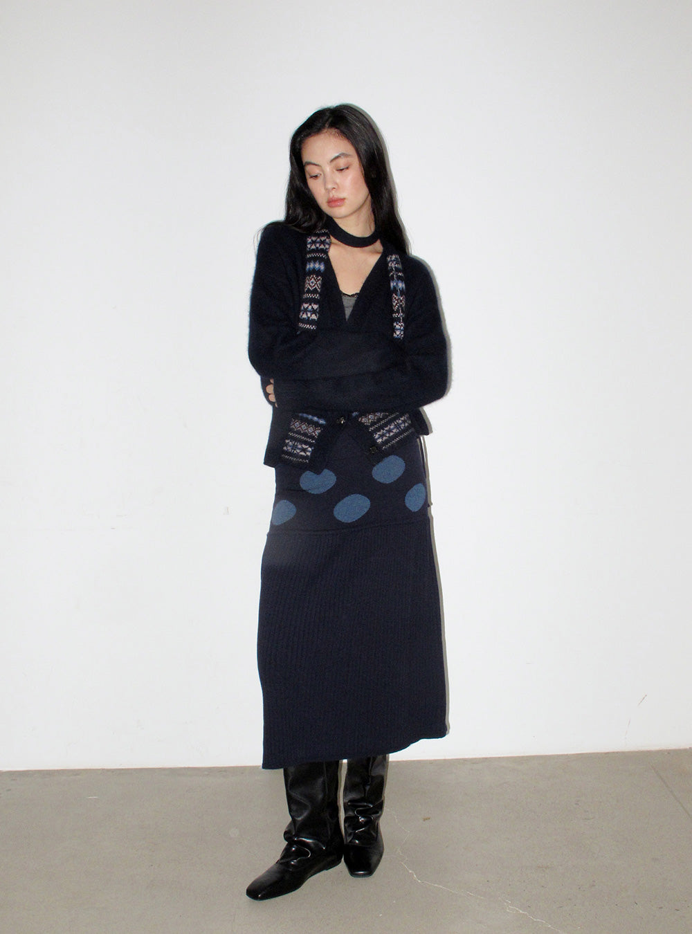 Stretchy Wool Polka Dot A-Line Skirt