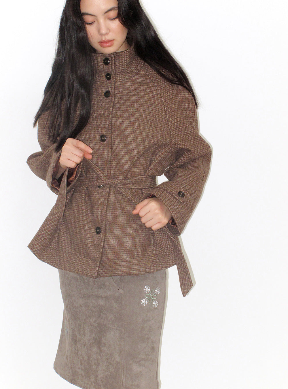 Brown Check Mid-Length Waist Tie Coat
