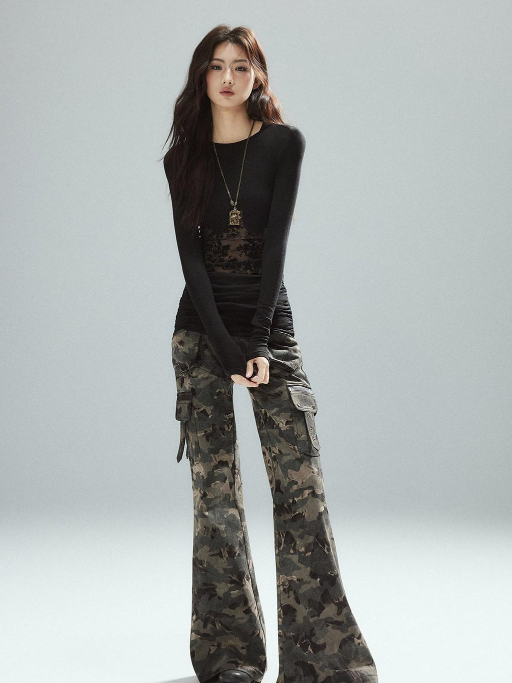 Asymmetrical Patchwork Slim Streetwear Black Lyocell Long Sleeve T-Shirts
