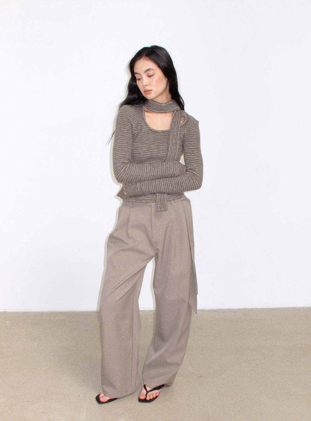 Dusty Gray Knit Striped Tie Slim Top