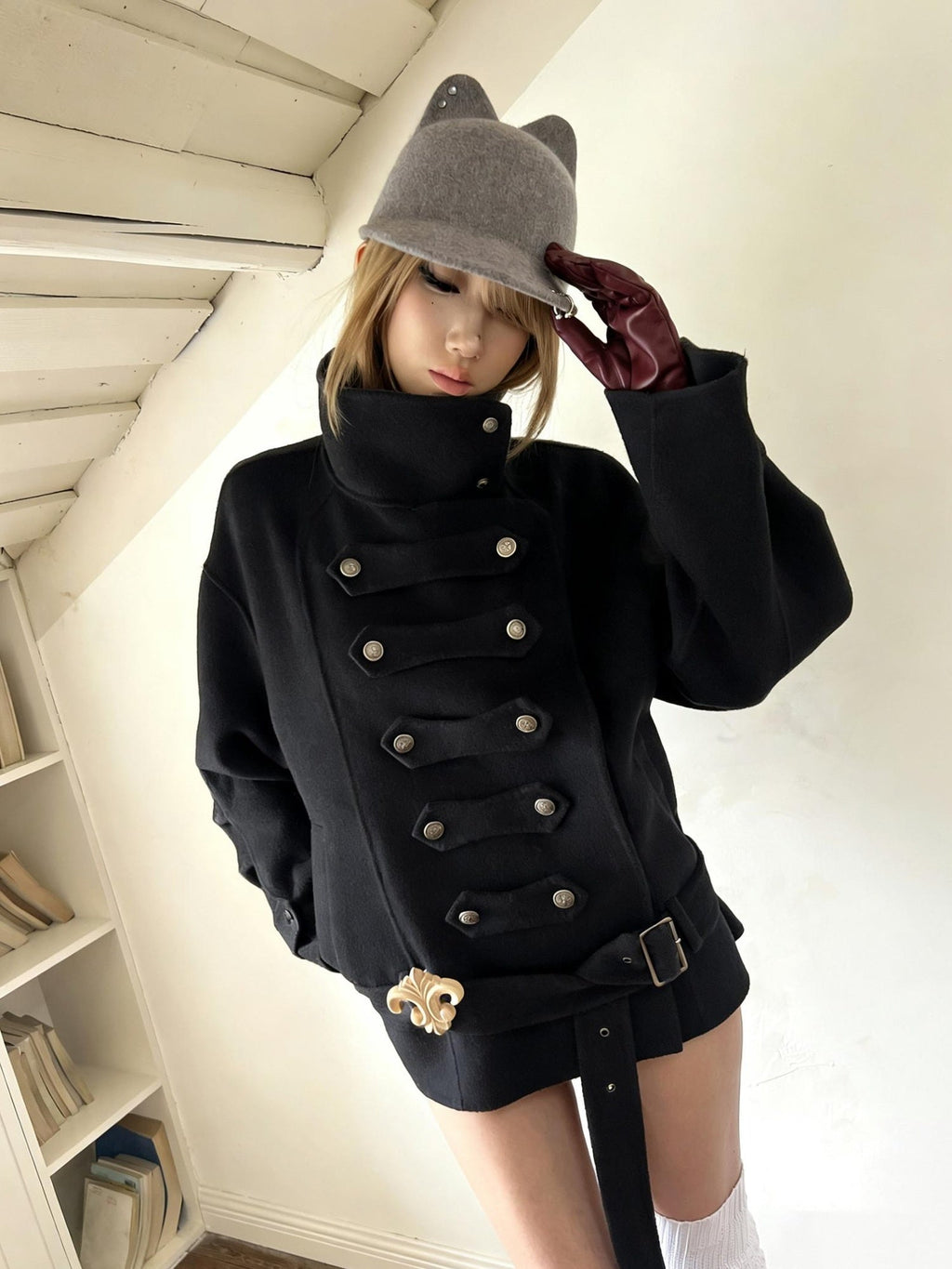 Warm Wool Blend Pleated Biker Collar Unisex Double Breasted Cropped Wool Coats