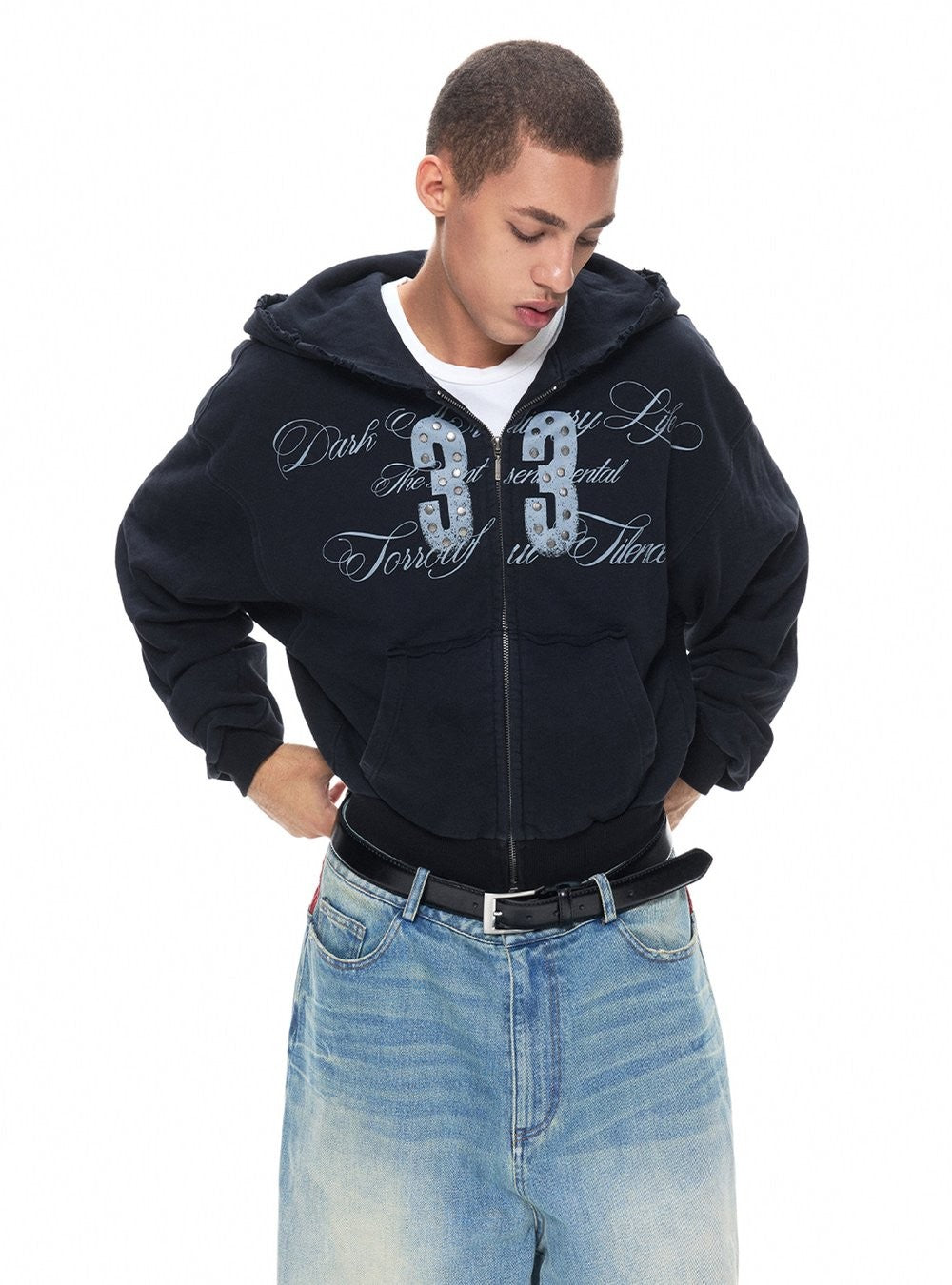 Distress Stud Zip-Up Hoodie
