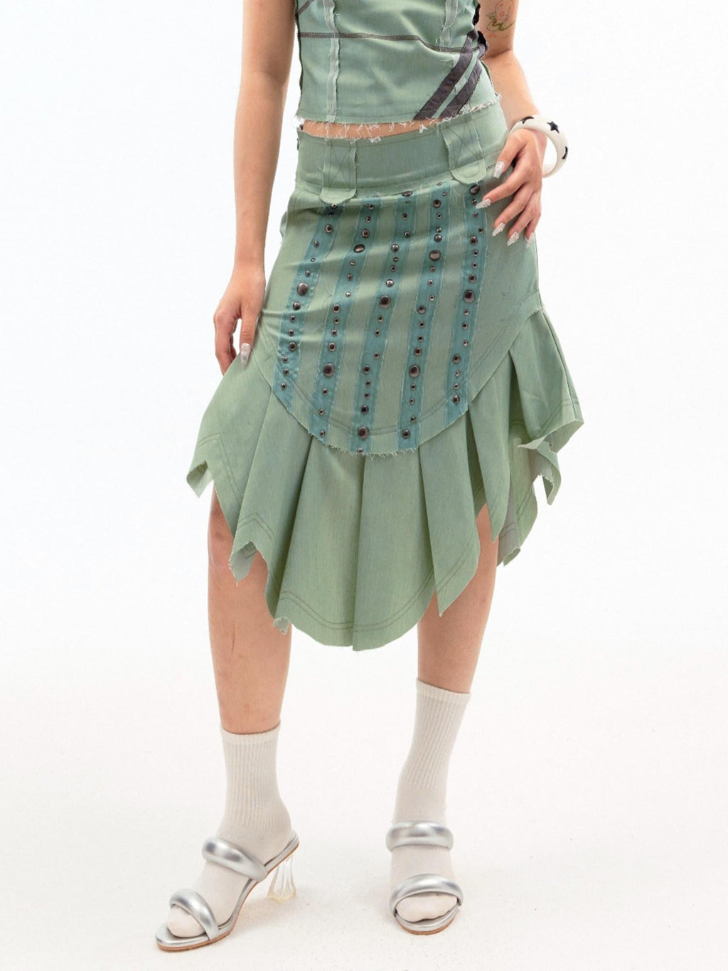 Beaded Distressed Chinese Mid Waist Irregular Hem Dark Green Zipper Midi Skirts