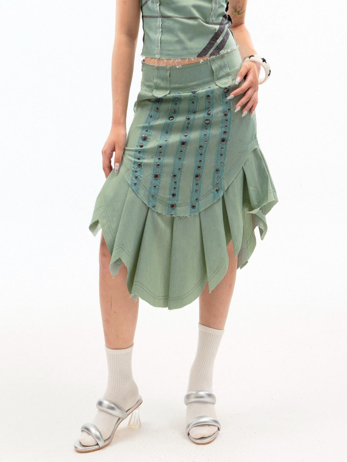 Beaded Distressed Chinese Mid Waist Irregular Hem Dark Green Zipper Midi Skirts