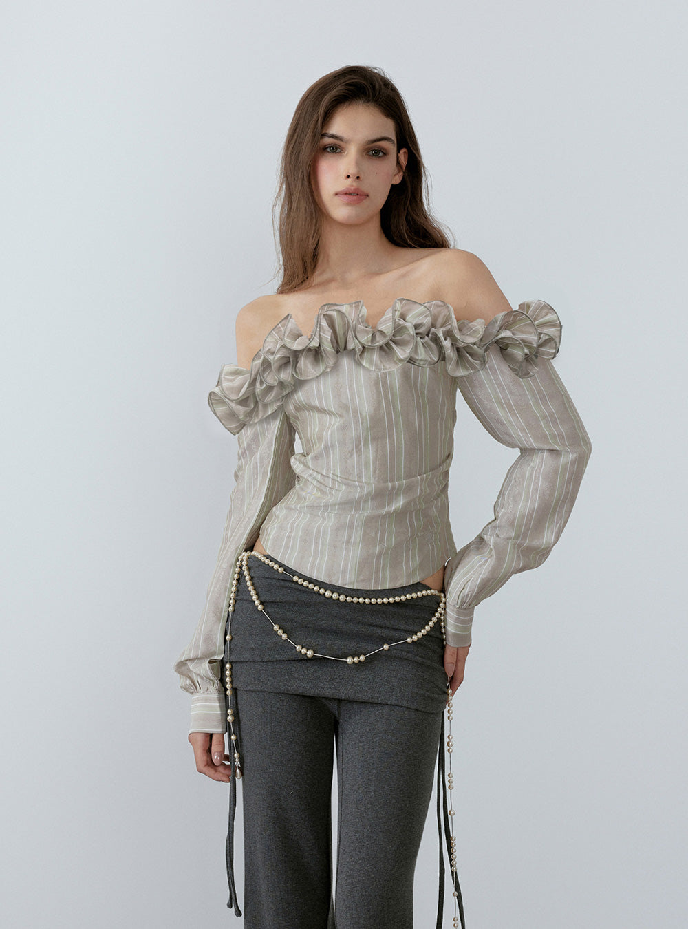Soft Stripe Off-Shoulder Smock Blouse