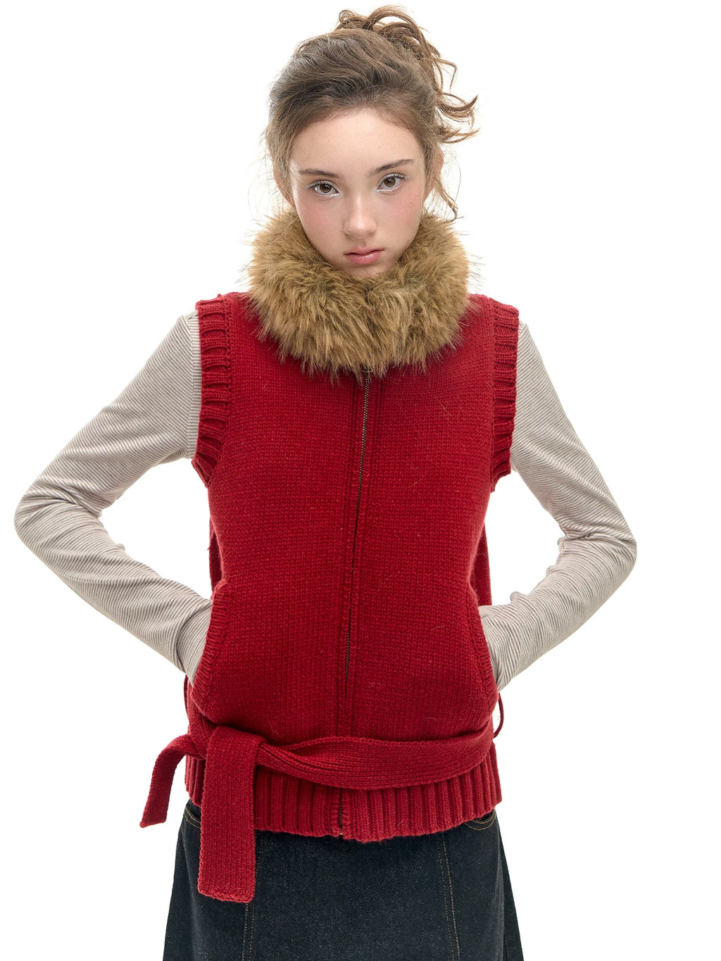 Romance Nanci Detachable Fur Collar Red Knit Layered Vest
