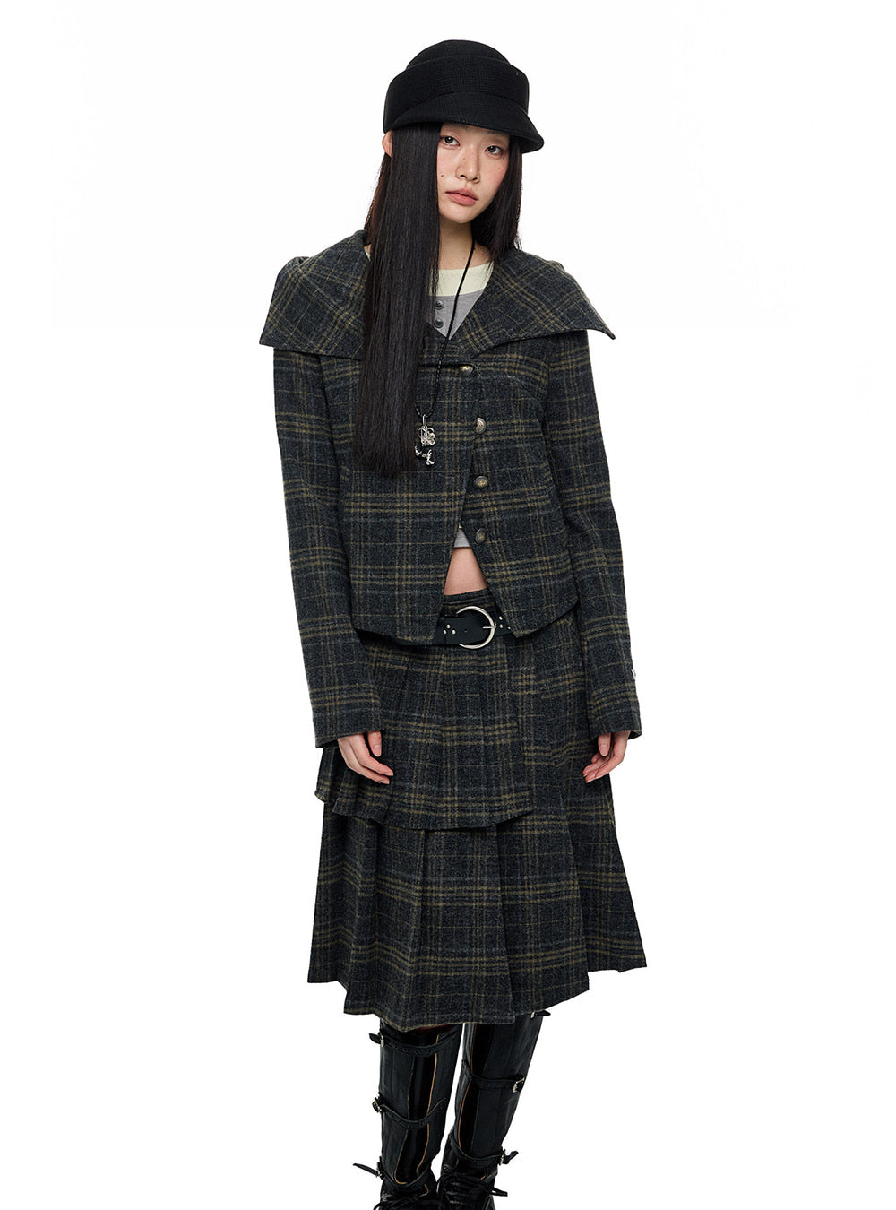 Wool Check Hood Jacket & Pleated Skirt