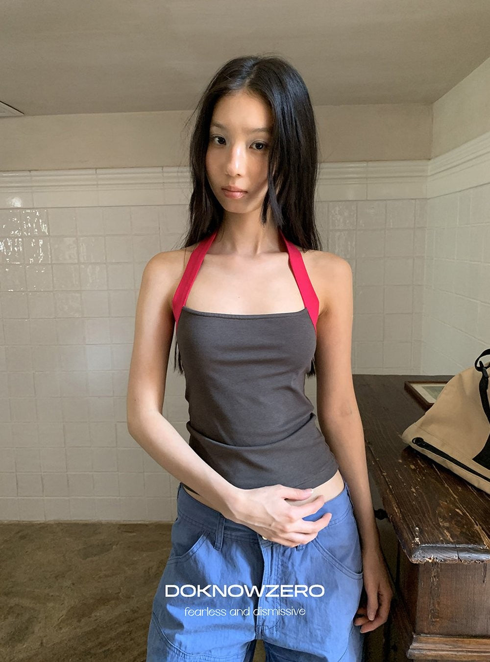 Contrast Strap Halter Top (2color)