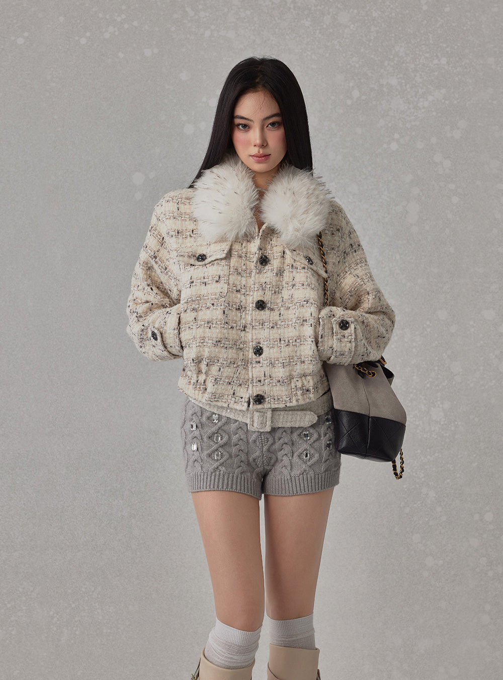 Classic Tweed Fur Collar Jacket