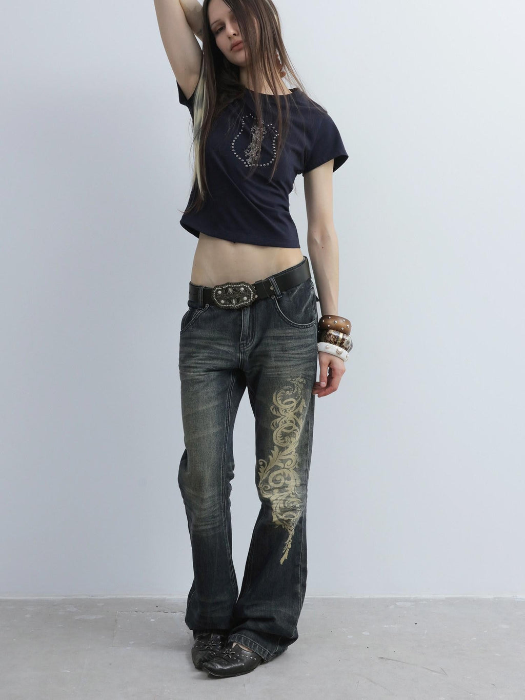 Baroque Print Distressed Micro Flare Women'S Cotton Low-Rise Jeans