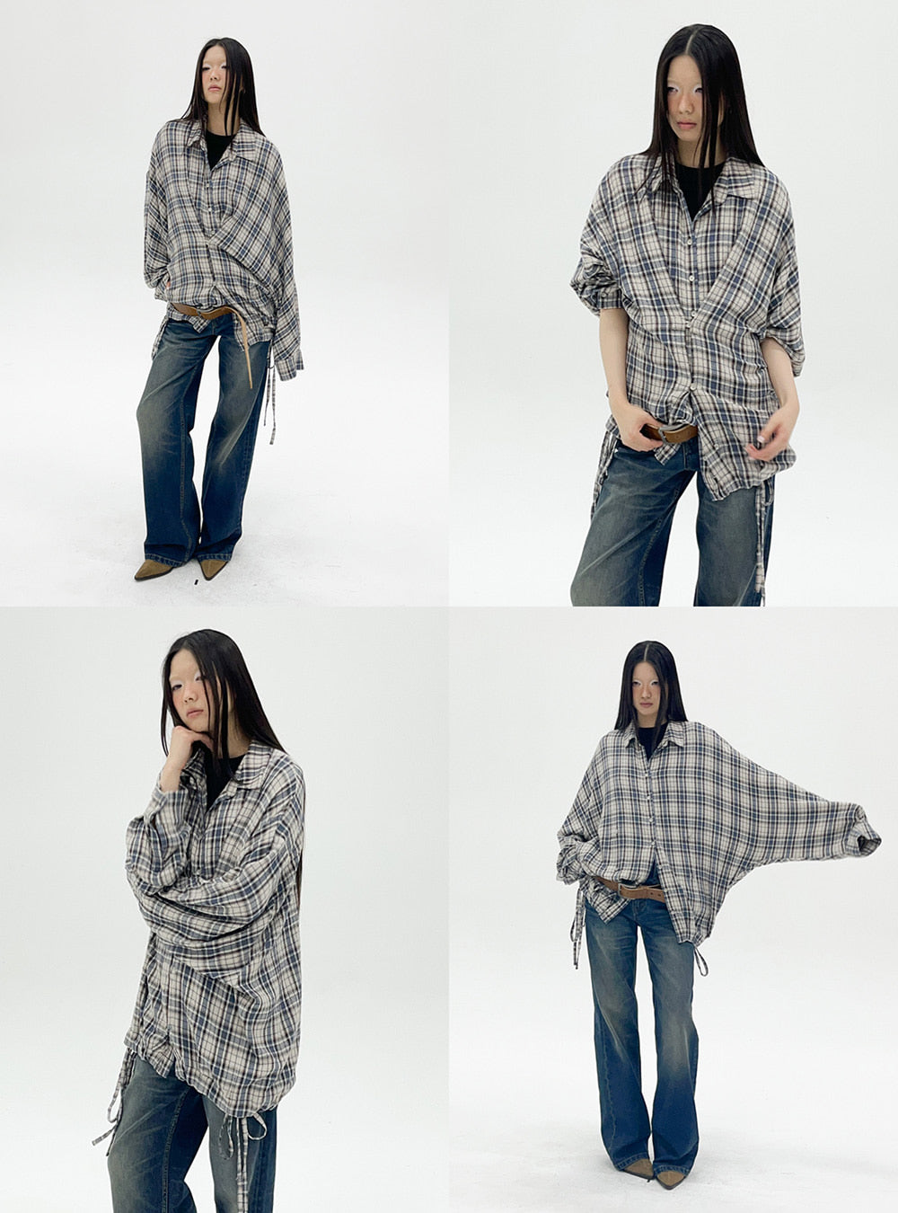 Drawstring Check Oversized Shirt