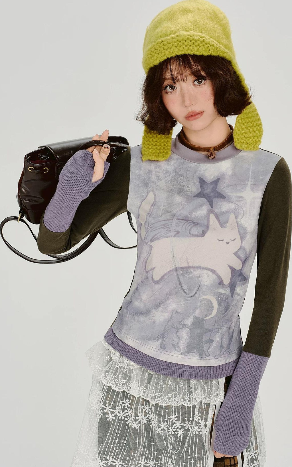 Girlyhalo |  RETRO CARTOON SPLICED LONG SLEEVE T-SHIRT【ID:TN00014】
