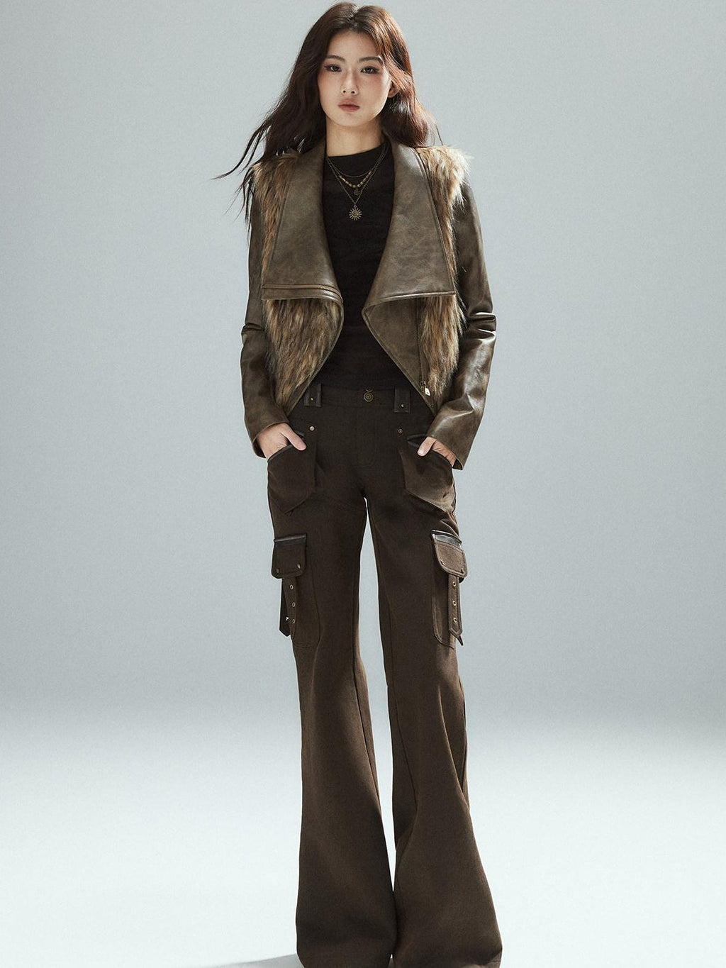 Slim Low Rise Cotton Flare Street Style Zipper Brown Women Cargo Pants