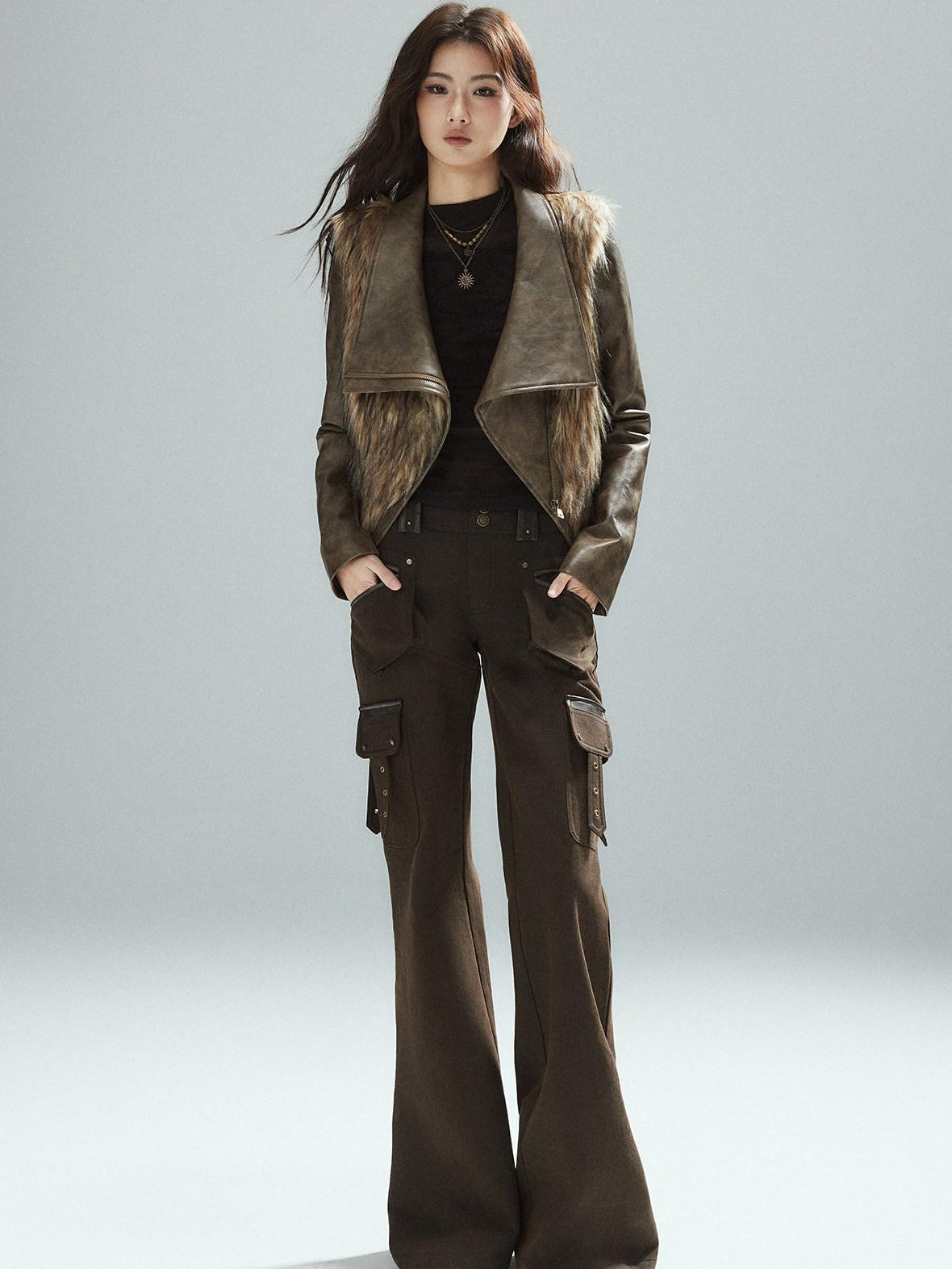 Slim Low Rise Cotton Flare Street Style Zipper Brown Women Cargo Pants