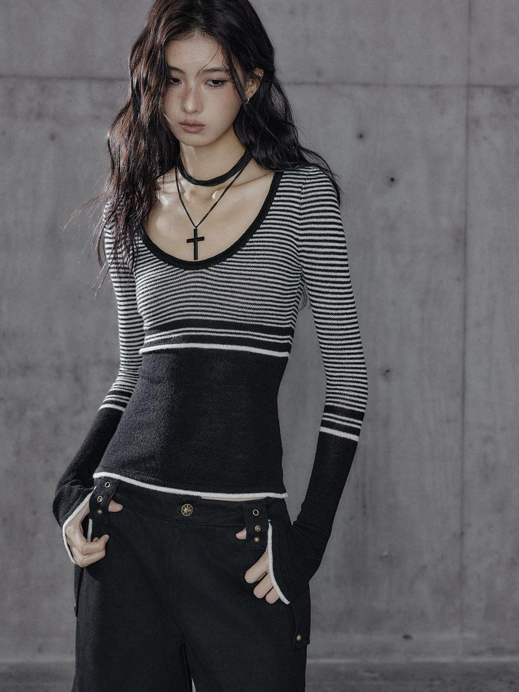 Soft Acrylic Slim V-neck Striped Casual Women Everyday Long Sleeve T-Shirts