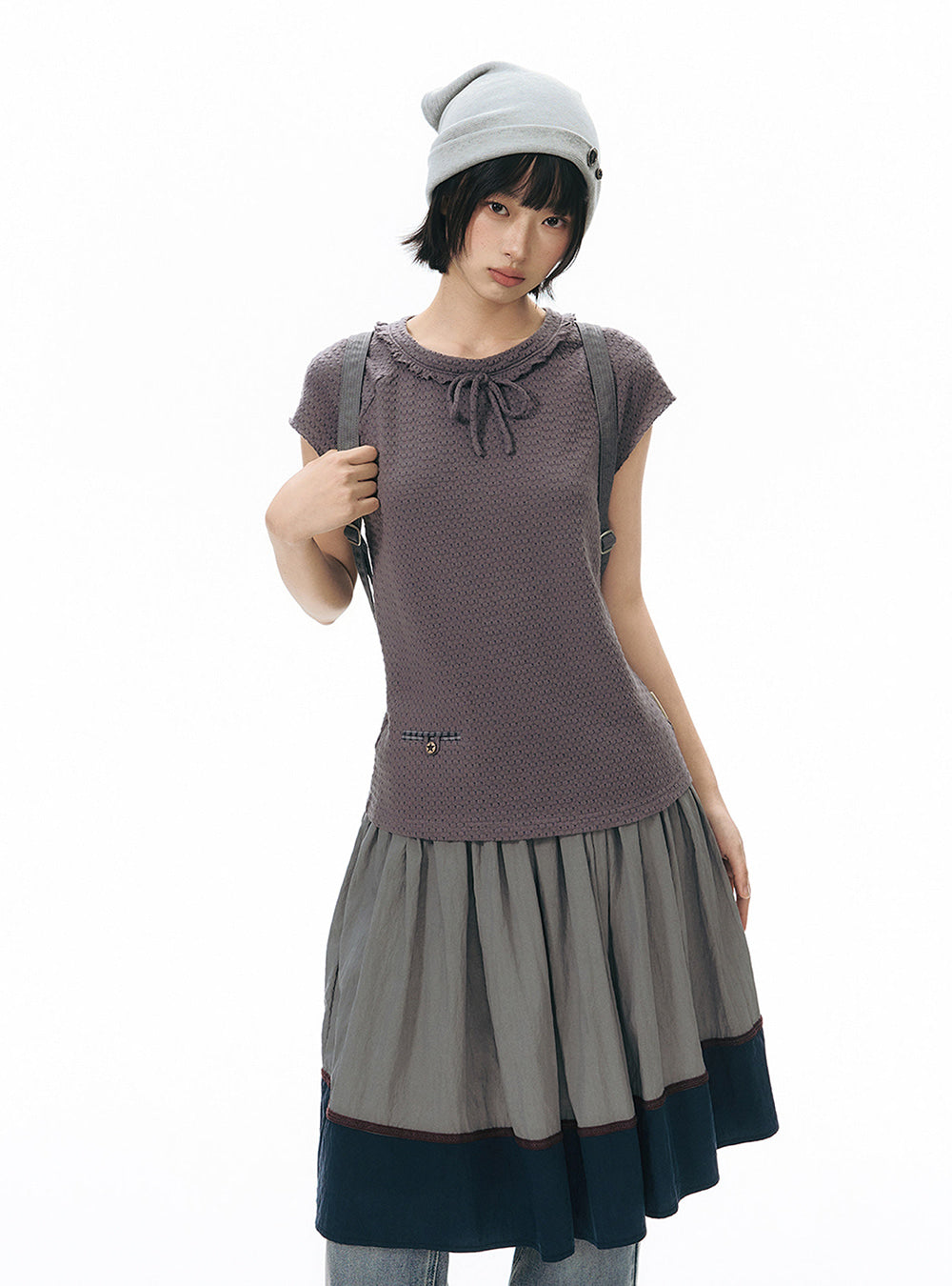 Grayish Purple Ribbon Neck Top