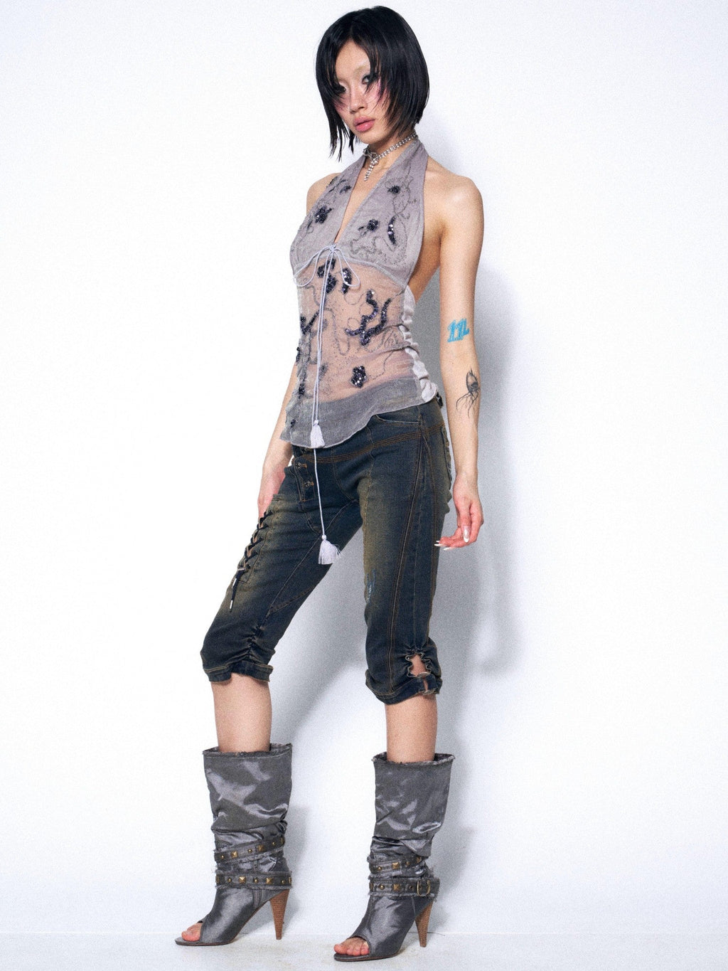 Embroidered Beaded Sequin Floral Halter V-neck Women'S Polyester Tank Tops