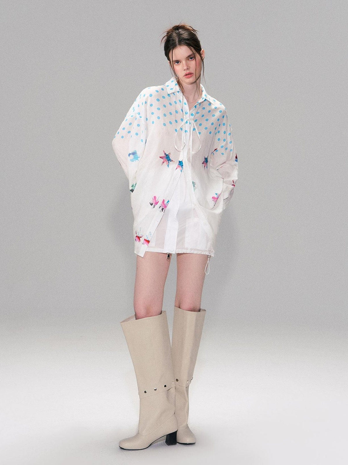 Soft Breathable Linen Blend Relaxed Drop Shoulder Polka Dot Long Sleeve Shirts