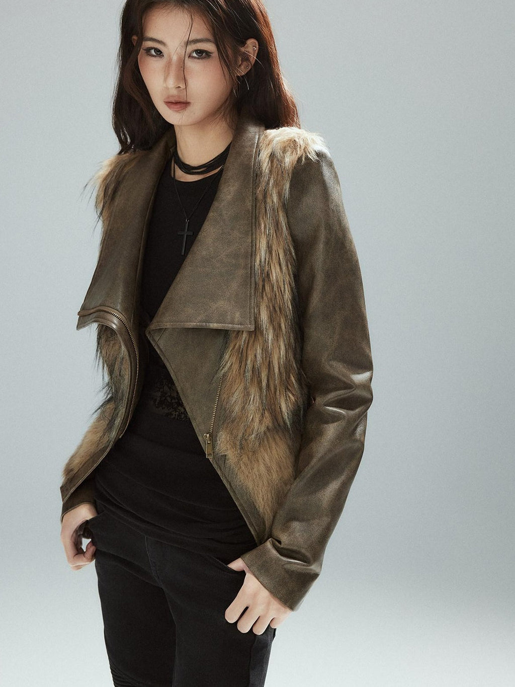 Thick Waist Cinch Patchwork Street Style Women Brown Zipper Lapel Cropped Jackets