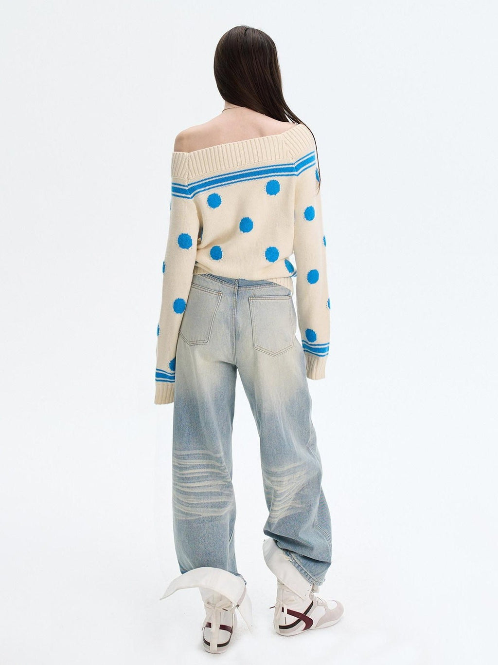 Cozy Thermal Acrylic Wool Polka Dot Boat Neck Relaxed Women Knit Sweaters
