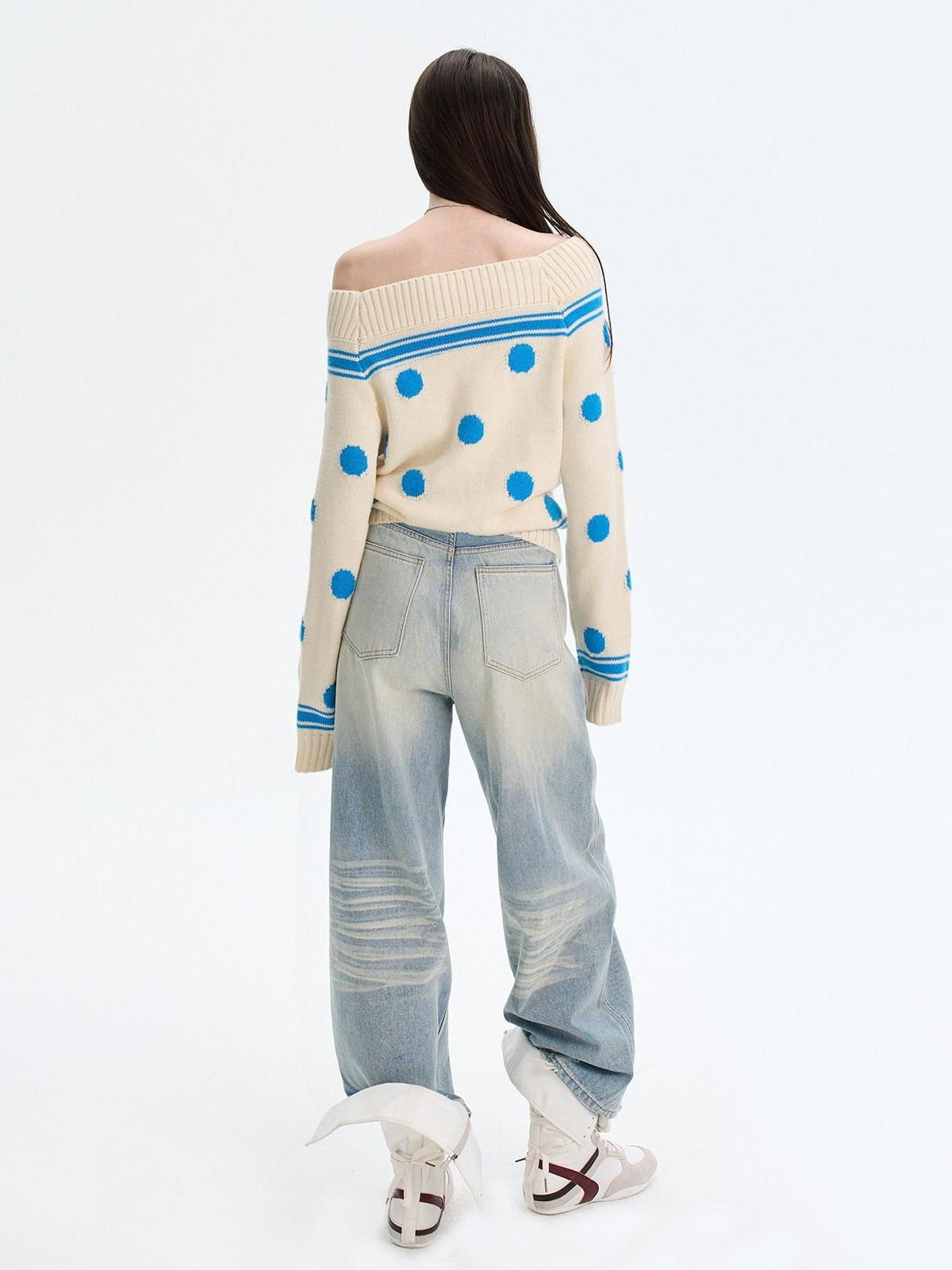 Cozy Thermal Acrylic Wool Polka Dot Boat Neck Relaxed Women Knit Sweaters