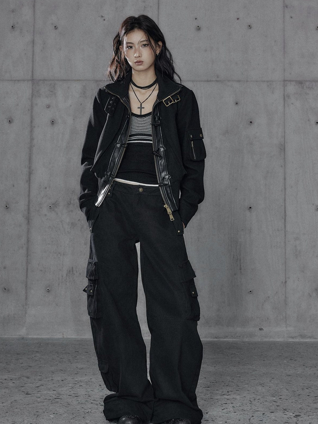 Washed Low Rise Wide Leg Utility Loose Fit Womens Black Cargo Pants