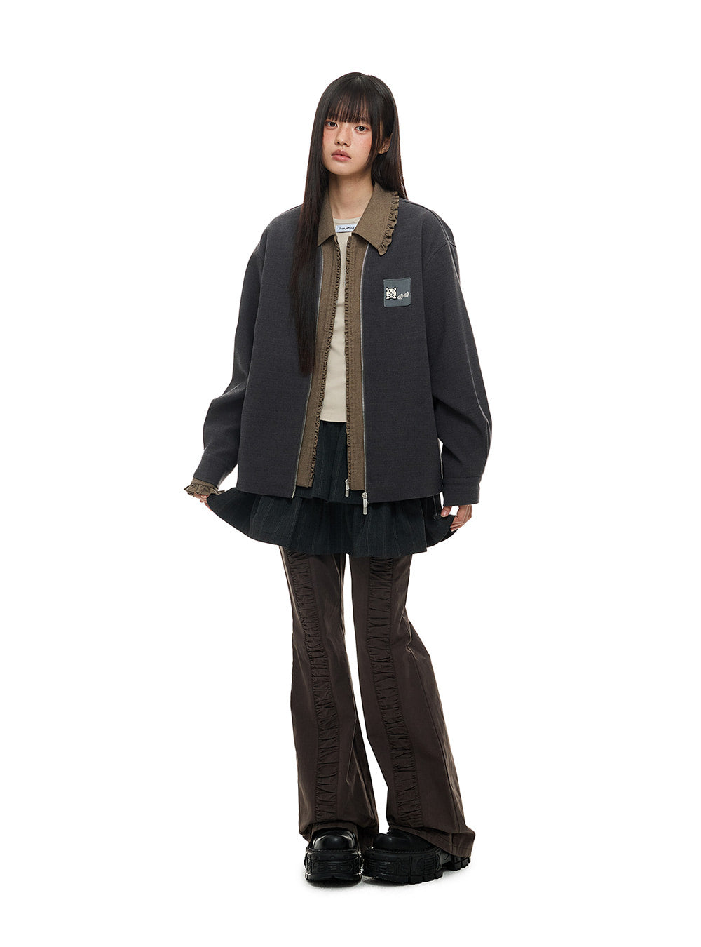 Ruffle Zip Patch Jacket
