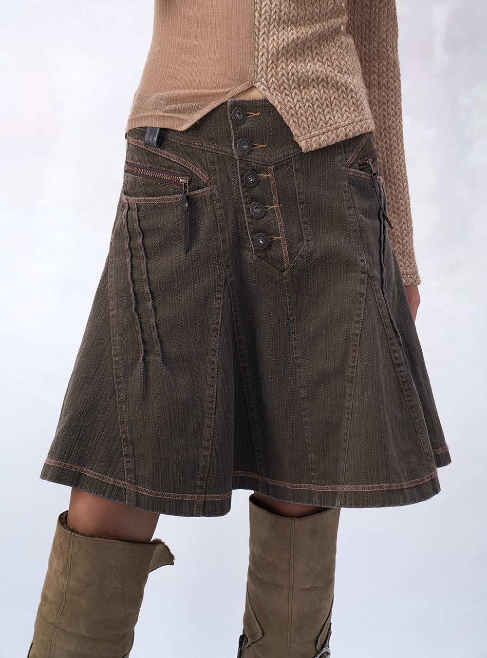 Brown Wash Stitch Denim Skirt